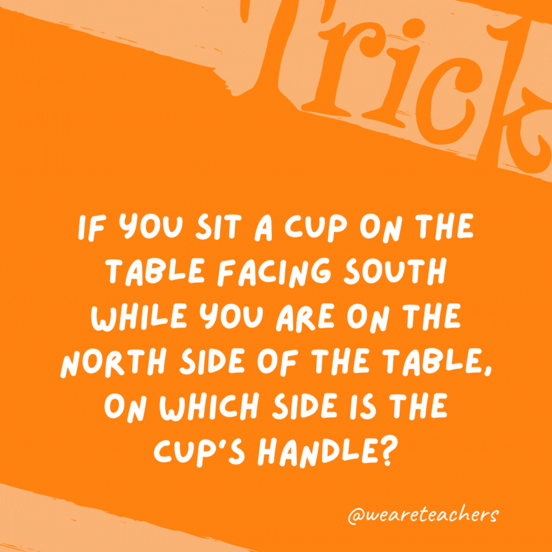 If you sit a cup on the table facing south while you are on the north side of the table, on which side is the cup’s handle?

No matter which way the cup is turned, the handle is always on the outside.
