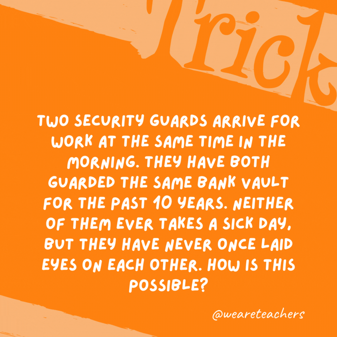 Two security guards arrive for work at the same time in the morning. They have both guarded the same bank vault for the past 10 years. Neither of them ever takes a sick day, but they have never once laid eyes on each other. How is this possible?

They guard the vault on different days.