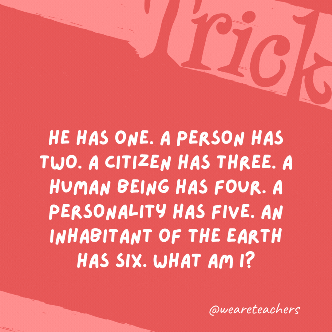 He has one. A person has two. A citizen has three. A human being has four. A personality has five. An inhabitant of the Earth has six. What am I? A syllable.- trick questions