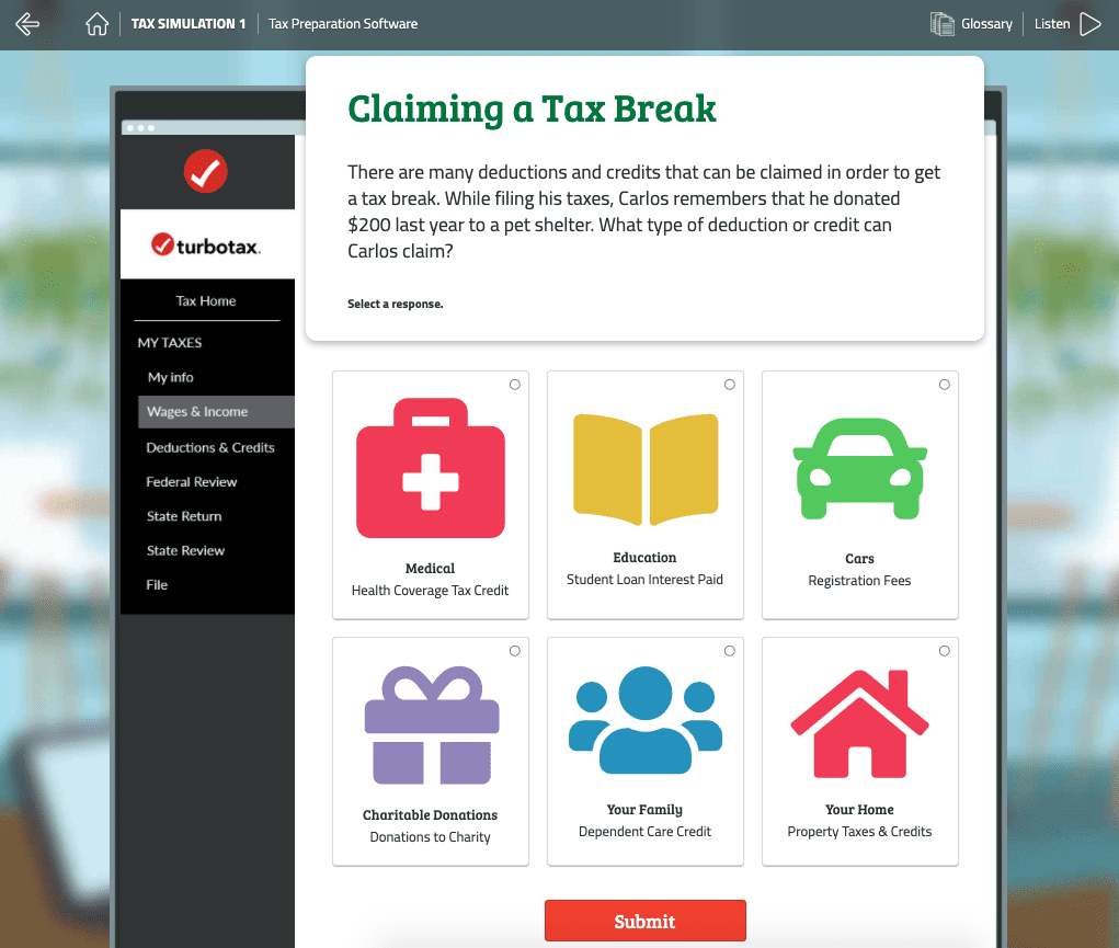 Screenshot from TurboTax Simulation to help students learn about taxes
