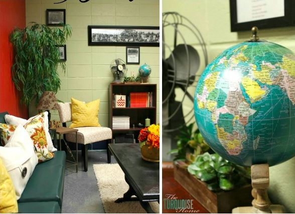 a corner view of an office with colorful accent pillows and a large tree in the corner. Also, a close up of a globe on top of a bookcase.