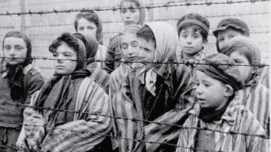Photograph of children in a concentration camp behind a barbed-wire fence
