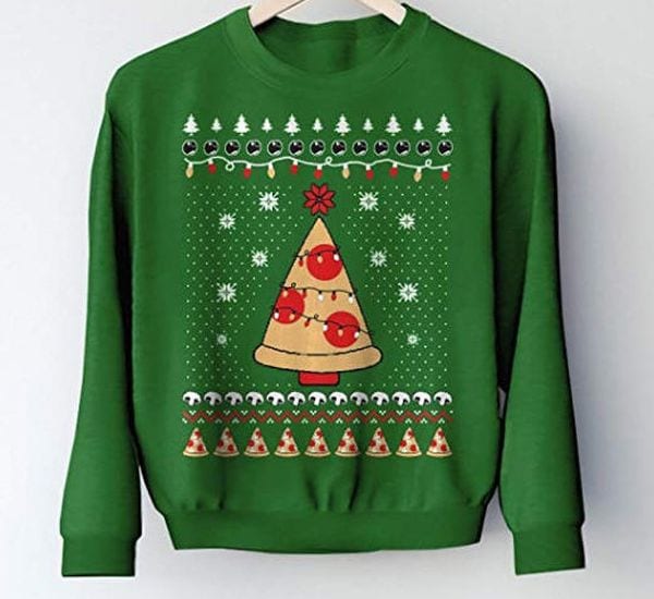 Christmas sweater with a slice of pizza lit up with Christmas lights like a tree.