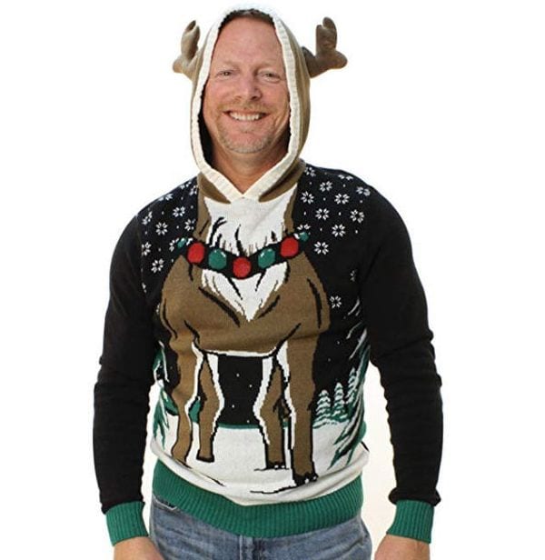 Christmas sweater with the body of a Reindeer and a hood with horns.