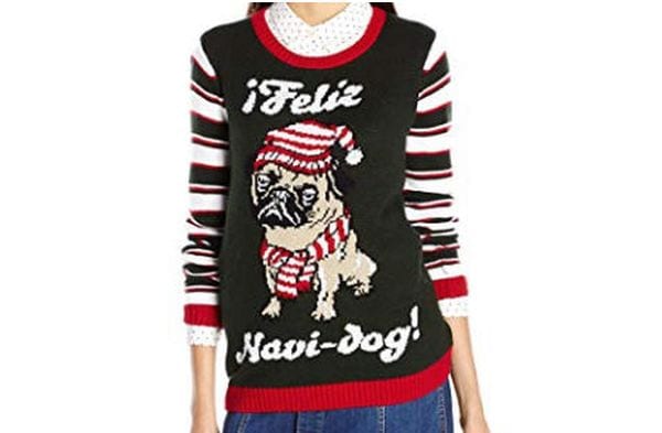 Christmas sweater with a pug and the phrase "Feliz Navi-dog"