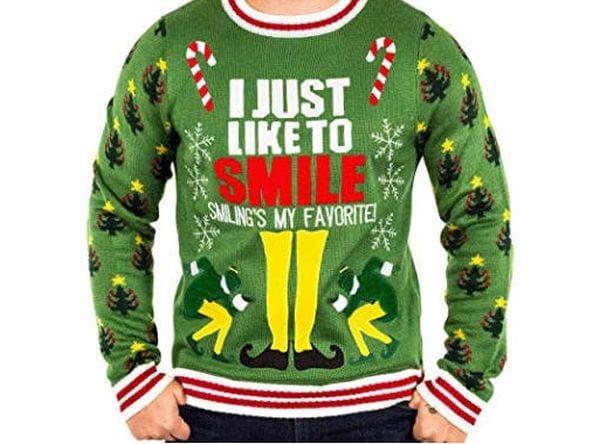 Christmas sweater with the phrase "I just like to smile. Smiling's my favorite!"