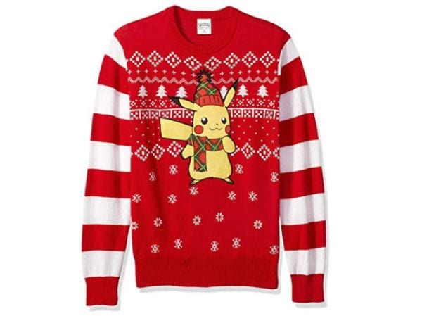 Christmas sweater with Pikachu wearing a beanie and a scarf.