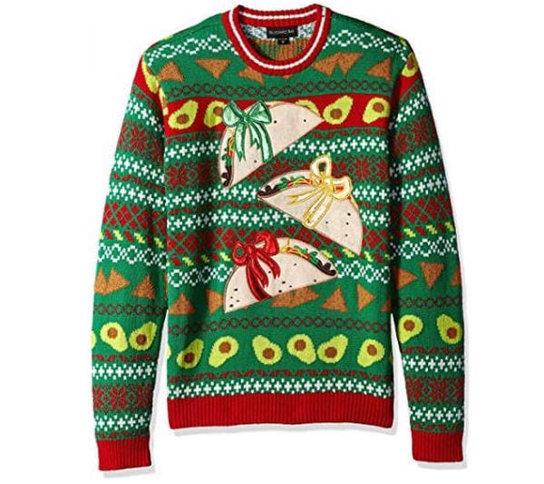 Christmas sweater with tacos wrapped in bows.