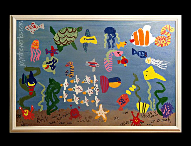 A delightful collaborative under the sea painting featuring different sea creatures, each created by a different student