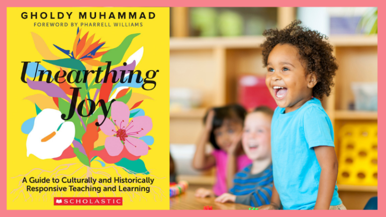 photo of little boy learning paired with cover of Unearthing Joy by Dr. Gholdy Muhammad