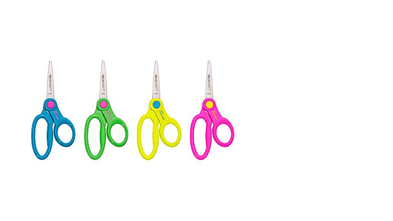 Row of four brightly colored children's scissors