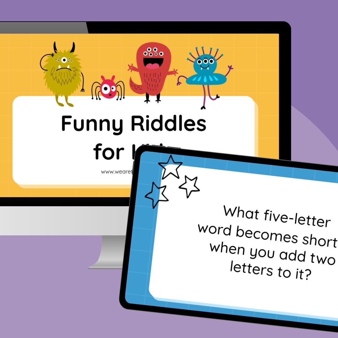 Funny Riddles for Kids an image of a computer and ipad screen featuring funny riddles for kids Google Slides