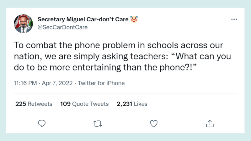 Tweet from Parody Secretary of Education Account