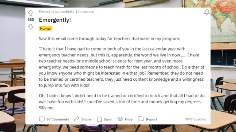 Quote from reddit discussing an email sent from a principal looking for teachers to fill vacancies