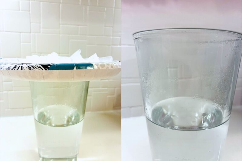 Weather Activities for Kids a science experiment with a glass and a plate of ice to show how condensation is formed