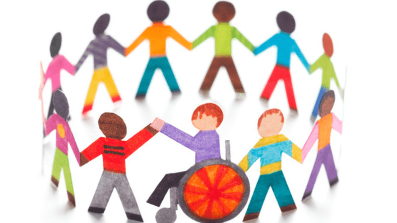Colorful diverse paper dolls, including child in wheelchair, holding hands in a circle - Inclusion Strategies