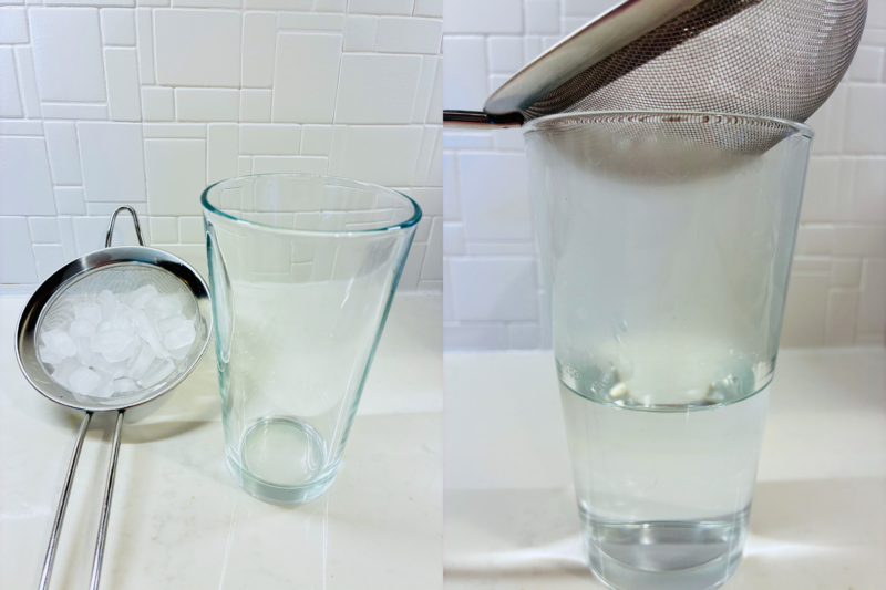 Weather Activities for Kids an image of a simple science experiment that creates fog with a small strainer, a glass and ice cubes