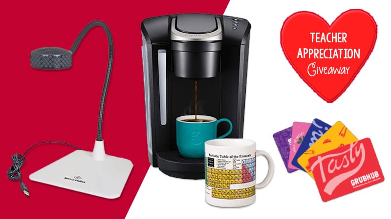online teaching survival kit giveaway items: coffee maker, mug, gift cards, document camera