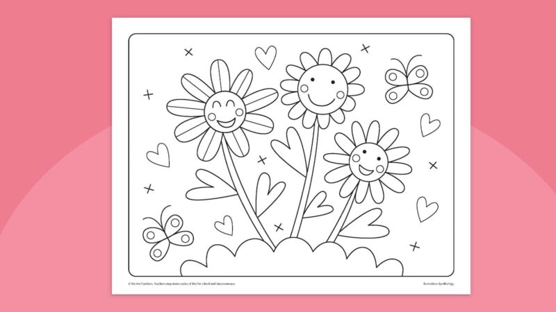 Coloring page featuring flowers and hearts for Valentine's Day