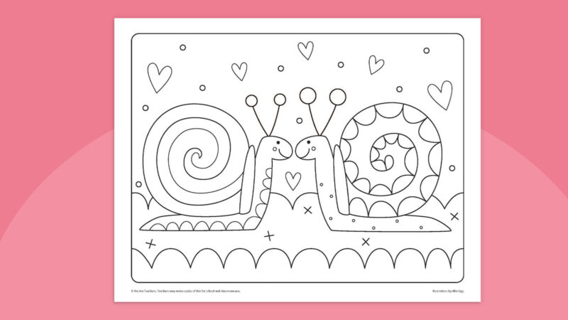 Coloring page featuring snails and hearts for Valentine's Day