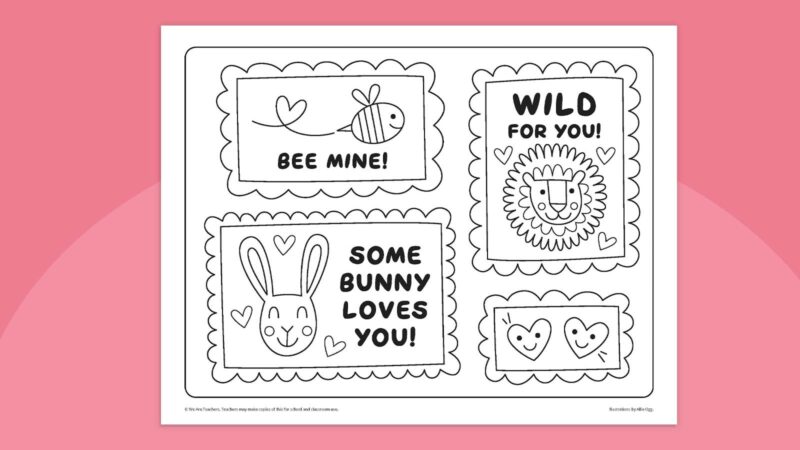 Coloring page featuring animal-themed Valentines