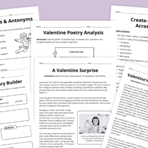 Flat lay of Valentine's Day ELA worksheets for grades 3-5 on a purple background