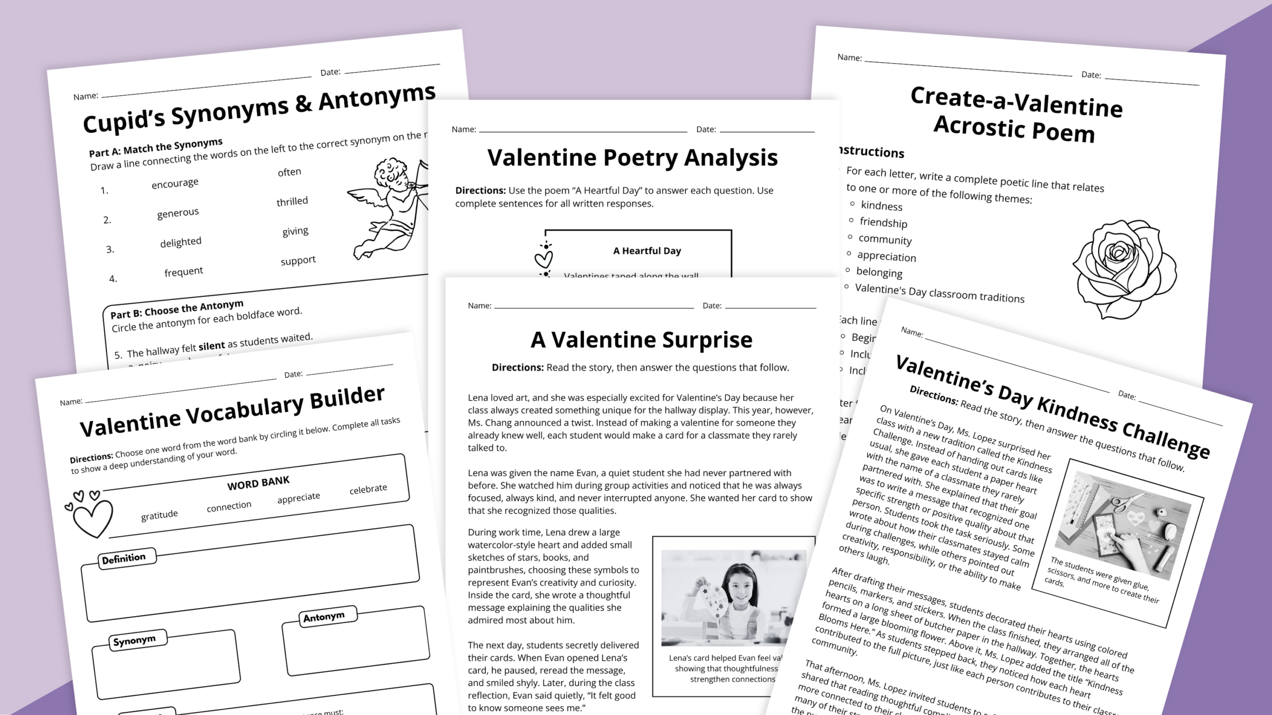 Flat lay of Valentine's Day ELA worksheets for grades 3-5 on a purple background