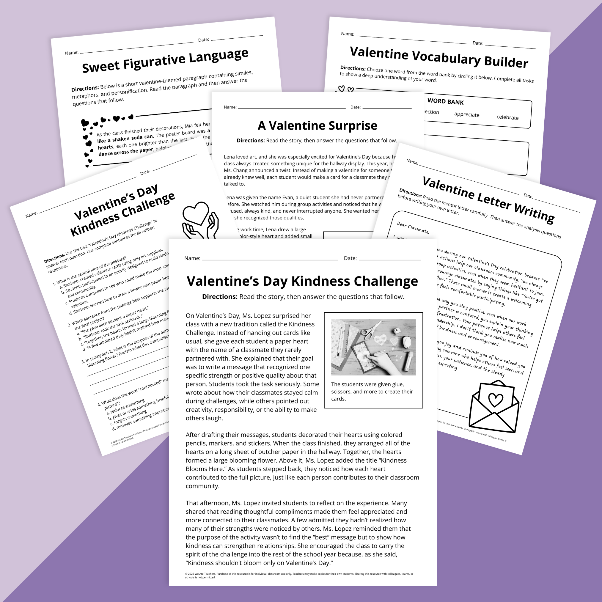 Flat lay of Valentine's Day ELA worksheets for grades 3-5 on a purple background