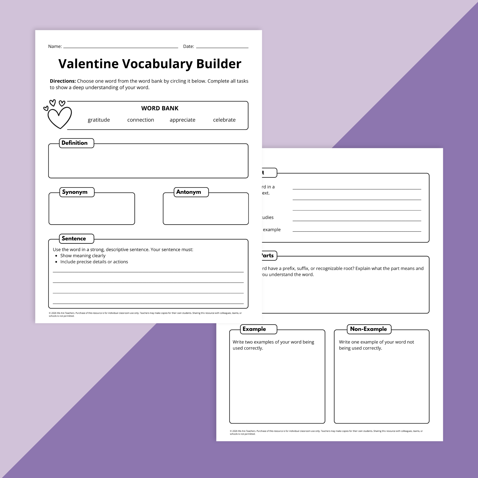 Flat lay of Valentine's Day ELA worksheets for grades 3-5 on a purple background