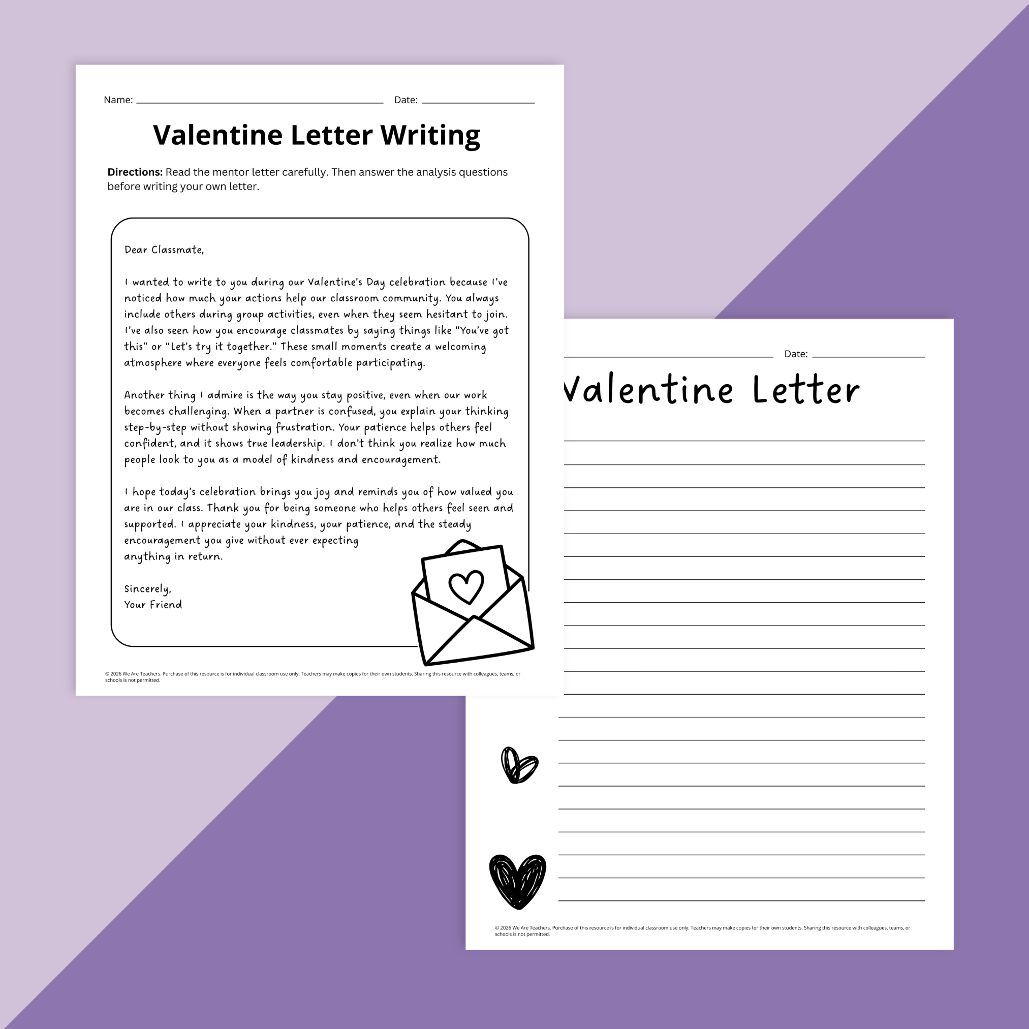 Flat lay of Valentine's Day ELA worksheets for grades 3-5 on a purple background