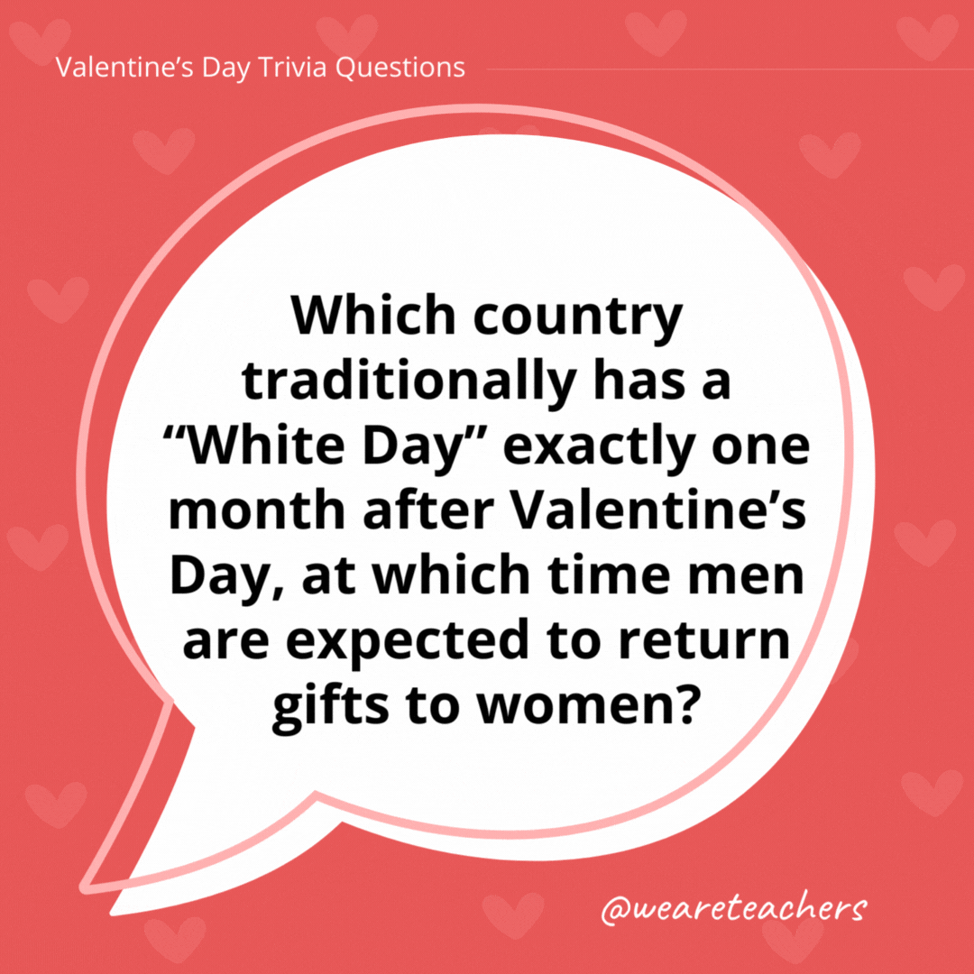 Which country traditionally has a "White Day" exactly one month after Valentine's Day, at which time men are expected to return gifts to women?

Japan (also celebrated in South Korea and Taiwan).