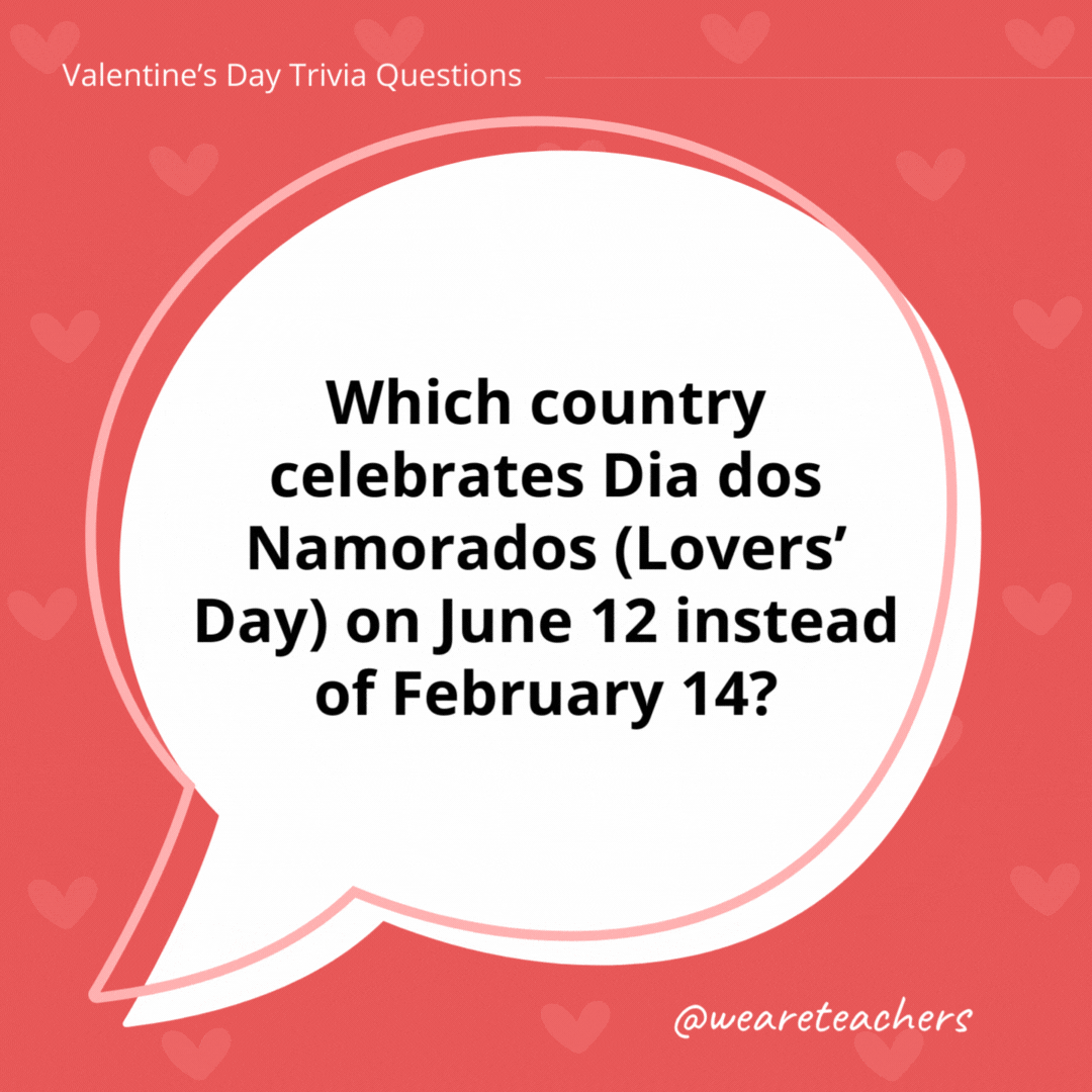 Which country celebrates Dia dos Namorados (Lovers' Day) on June 12 instead of February 14?

Brazil.