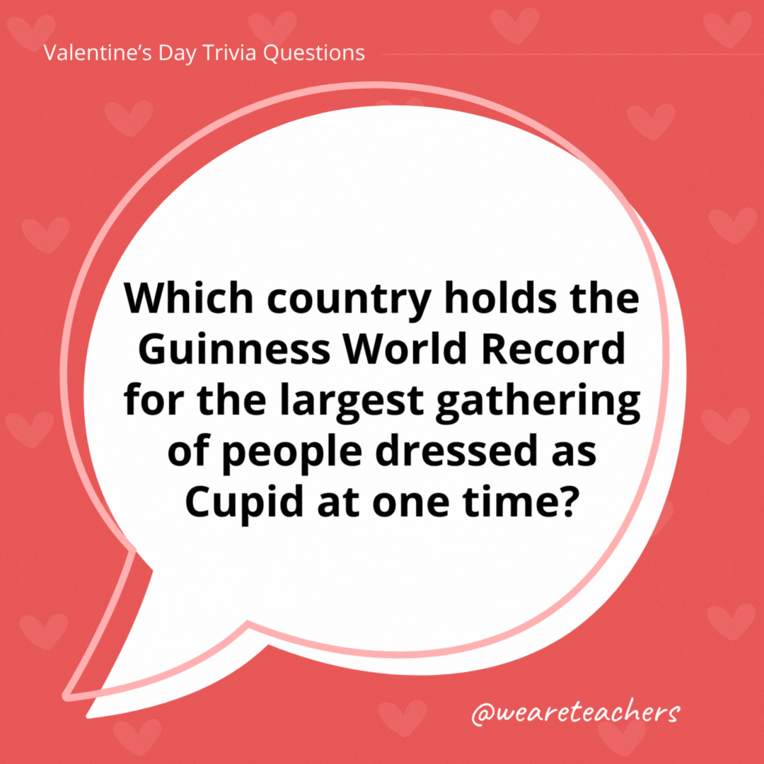 Which country holds the Guinness World Record for the largest gathering of people dressed as Cupid at one time?

The largest gathering of cupids consisted of 199 participants in Madrid, Spain, on January 23, 2009.