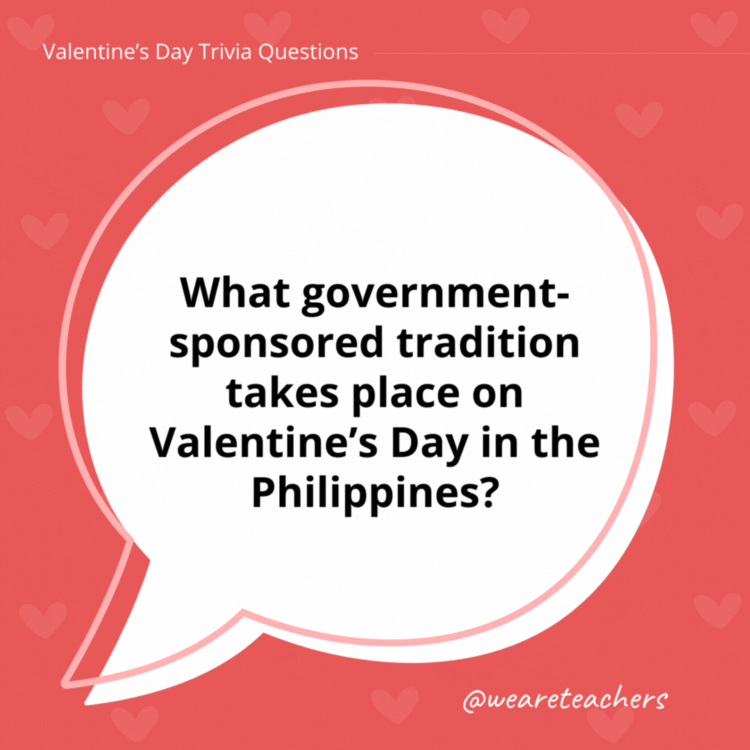 What government-sponsored tradition takes place on Valentine's Day in the Philippines?

Many couples choose Valentine's Day to participate in a government-sponsored event for a free mass wedding ceremony.