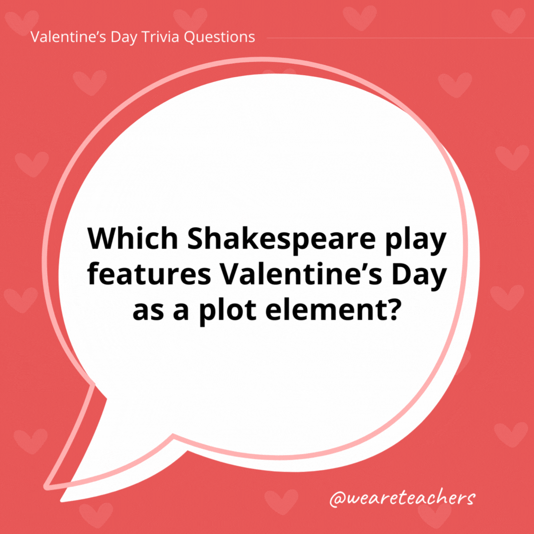 Which Shakespeare play features Valentine's Day as a plot element?

A Midsummer Night's Dream, but several of Shakespeare's plays can be associated with the holiday. For example, Julius Caesar begins on Lupercalia.