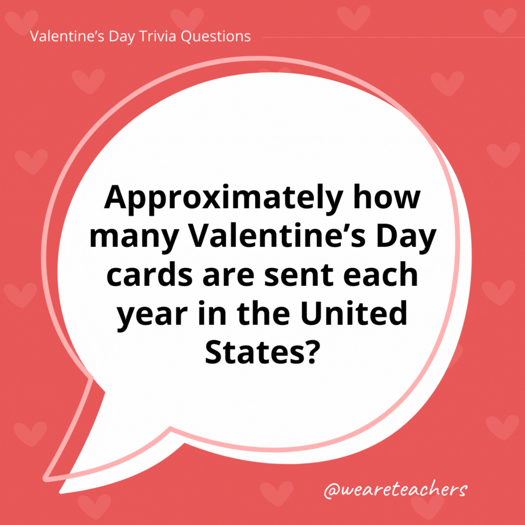 Approximately how many Valentine's Day cards are sent each year in the United States?

Around 145 million.