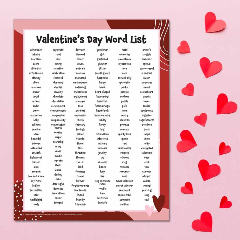 Printable list of Valentine's Day words on a square pink background with red hearts.