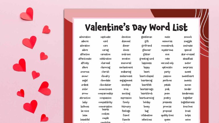Printable list of Valentine's Day words on a rectangular pink background with red hearts.