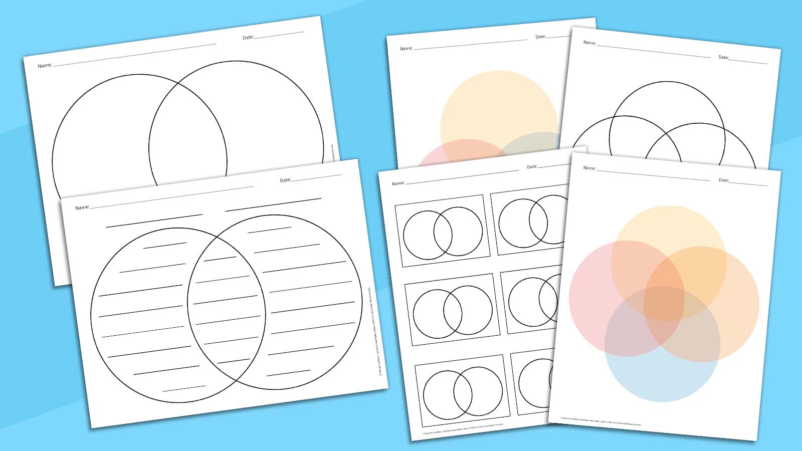 Six Venn diagram templates on a blue background.