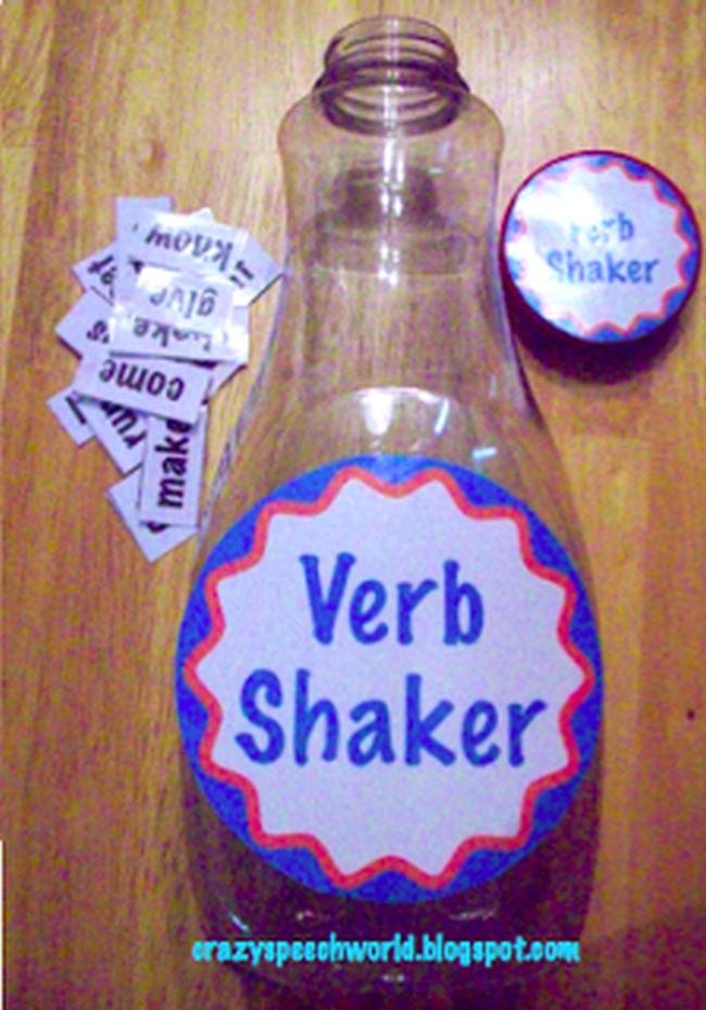 Plastic bottle labeled Verb Shaker with word cards
