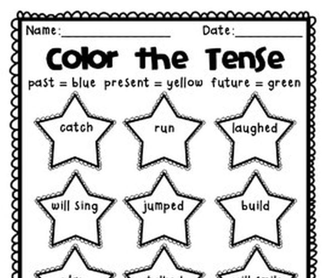 Color the Tense printable worksheet with stars containing verbs in different tenses