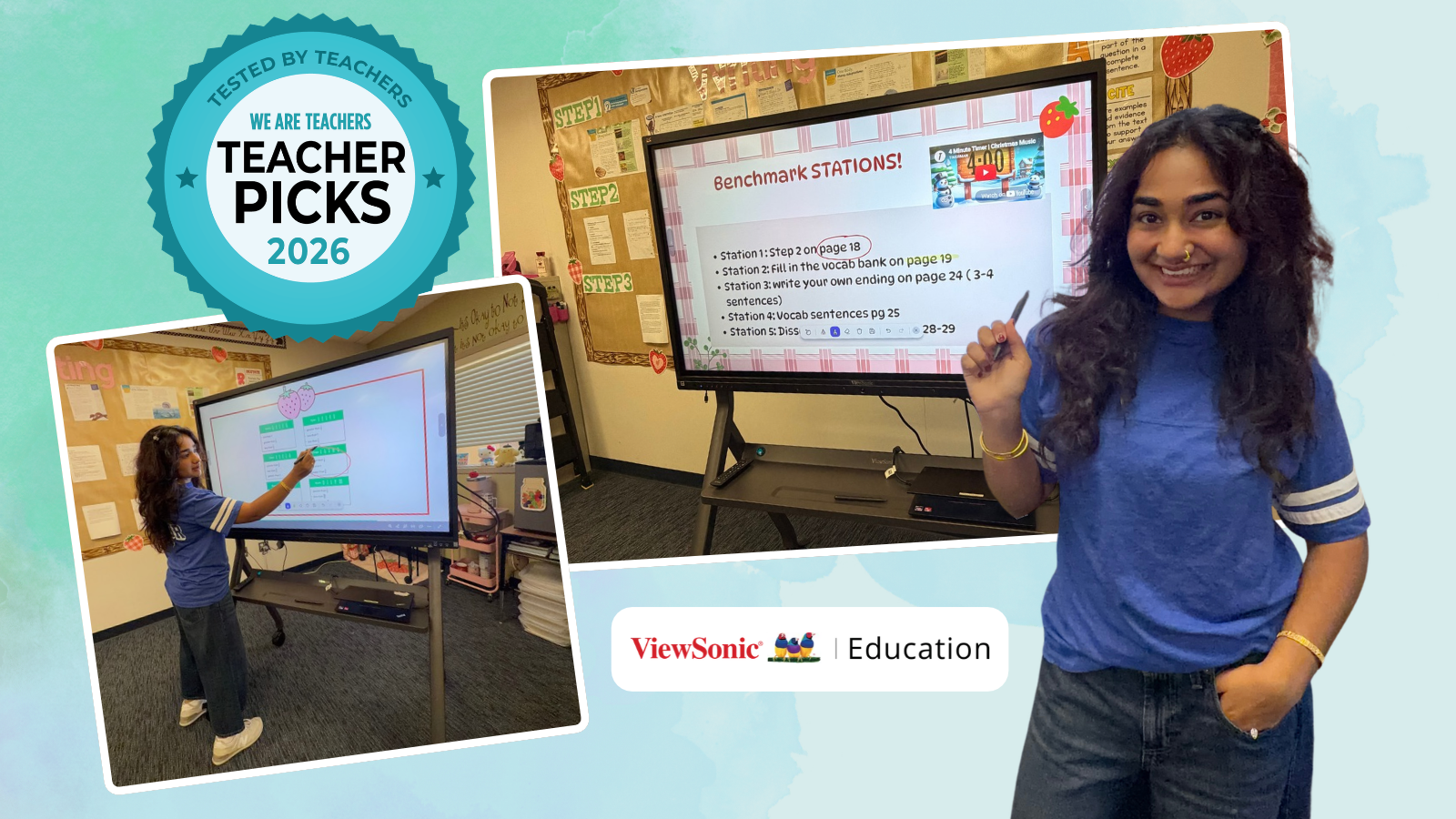 Teacher Marieum Ahmad using ViewSonic ViewBoard in classroom with Teacher Picks 2026 logo