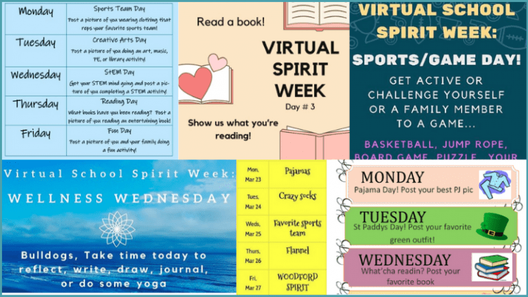 Collage of virtual theme weeks ideas for schools during quarantine