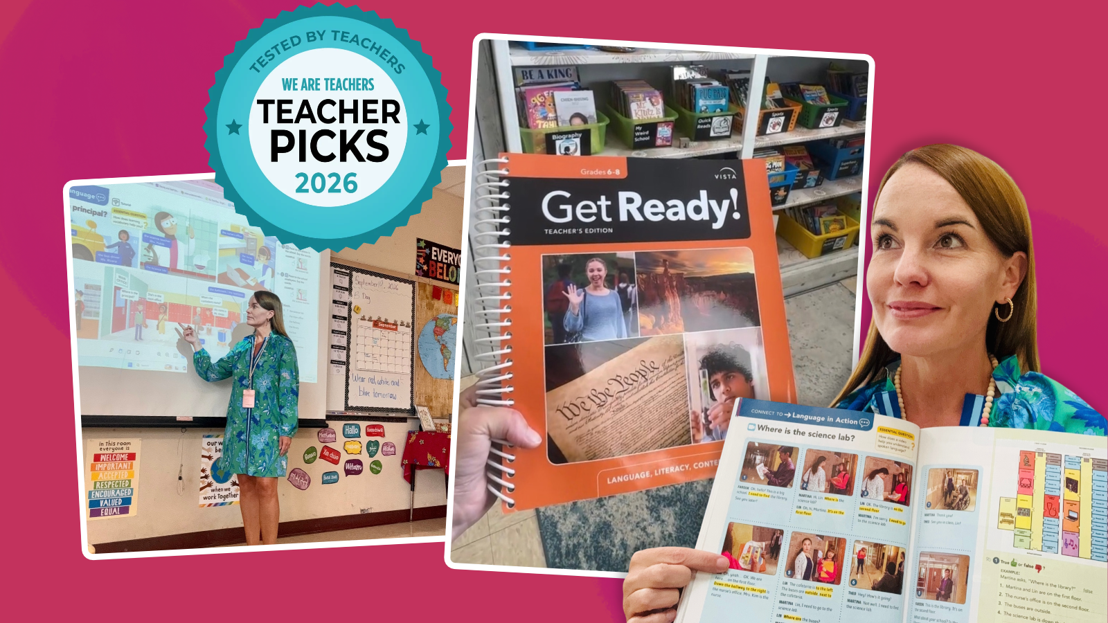 We Are Teachers Teacher Picks 2026 logo with teacher Katie Leslie teaching the Get Ready! program from Vista.