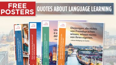 Four three posters with quotes about language learning.