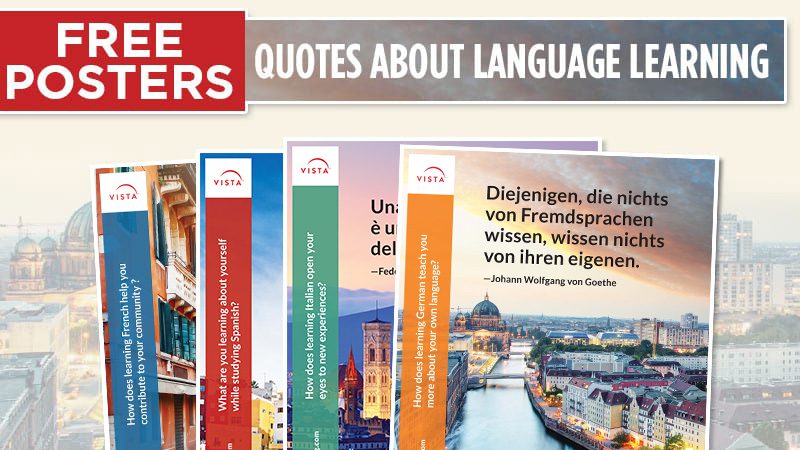 Four three posters with quotes about language learning.