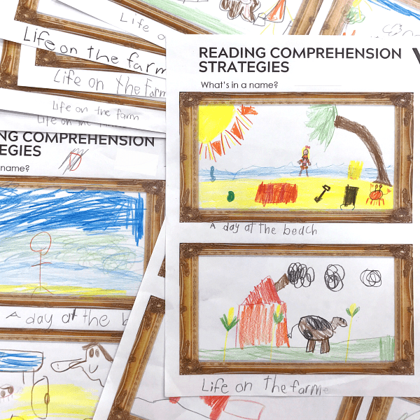 First grade reading comprehension strategies with student drawing of a story