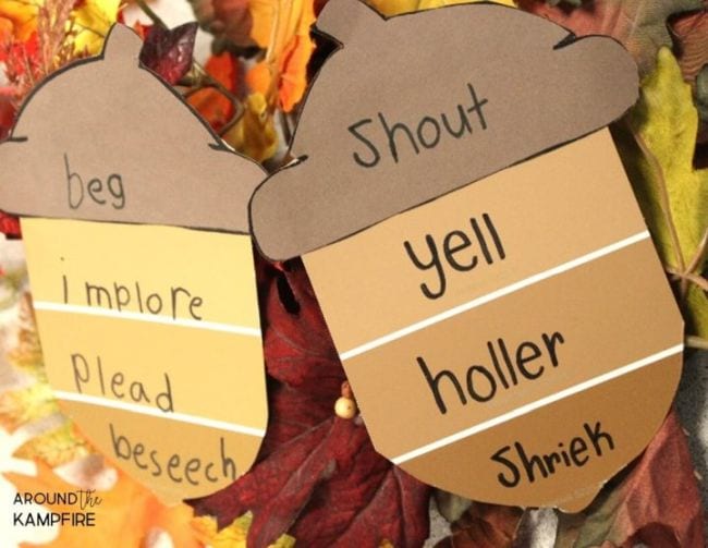 Paint strips turned into acorns with vocabulary words and synonyms on them (Vocabulary Activities)