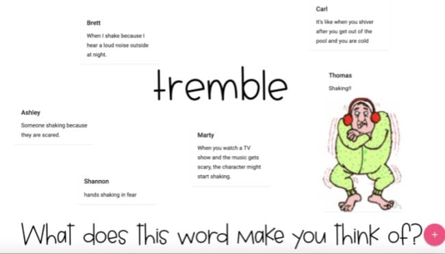 Graffiti wall for the vocabulary word "tremble" created using Padlet