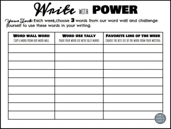 Write With Power printable vocabulary worksheet